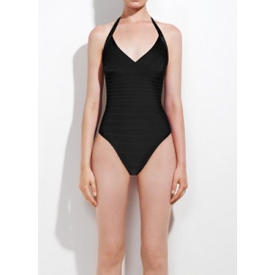 Solid Color Sexy Halterneck One-Piece Swimwear For Women black