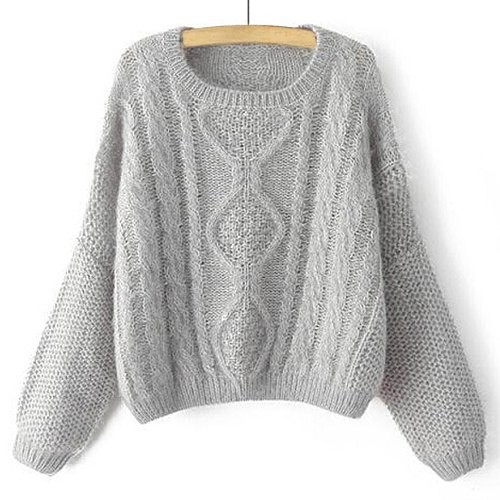 Stylish Women s Jewel Neck Cable-Knit Long Sleeve Sweater gray khaki ...