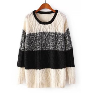 Stylish Women's Scoop Neck Color Block Cable-Knit Sweater