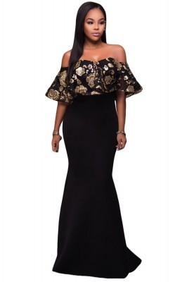 Black Gold Sequins Ruffle Strapless Long Dress