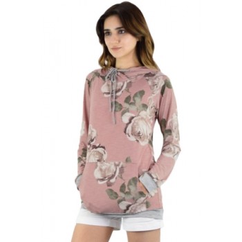 Charcoal Coral Floral Drawstring Hoodie Pink Yellow Cream Floral