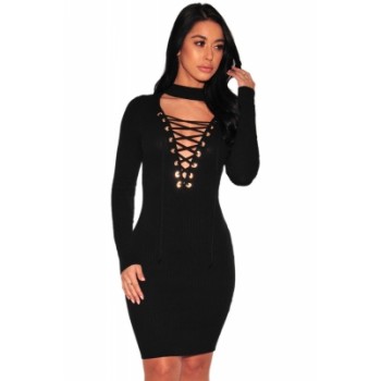 Gray Lace-up Bust Ribbed Dress Black