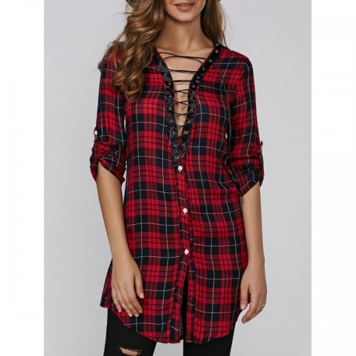 Lace Up Plaid Buttoned Shirt Dress Red (Lace Up Plaid Buttoned Shirt ...