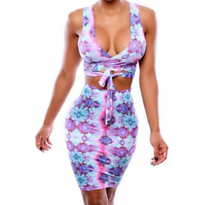 Sexy Plunging Neck Sleeveless Women's Crop Top + Printed High Stretchy Skirt Twinset For Women