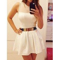 Sexy Round Neck Sleeveless Solid Color Spliced See-Through Dress For Women white