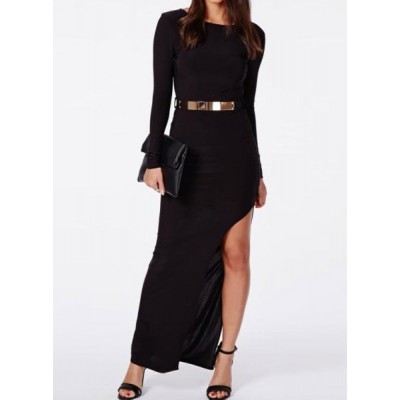 Sexy Scoop Neck Long Sleeve Solid Color High-Furcal Dress For Women black