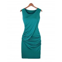 Sexy Scoop Neck Sleeveless Solid Color Draped Club Dress For Women blue black khaki