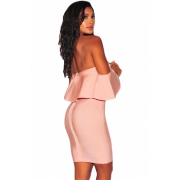 Solid Black Ruffle Off Shoulder Bandage Dress Pink