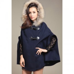 Stylish Hooded Imitation Fur Embellished Doman Design Solid Color Cloak For Women blue camel