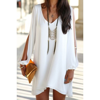 Elegant Women s V-Neck Long Sleeve Loose-Fitting White Chiffon Dress ...