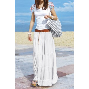 Bohemian Solid Color Loose Fit Long Style Pleated Boho Skirt For Women White Black