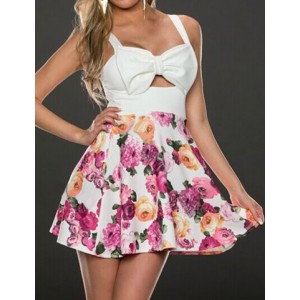 Bow Tie Embellished Sleeveless Low-Cut Design Floral Print Backless Dress For Women pink white