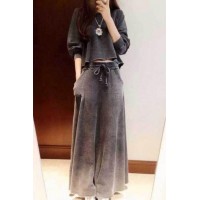 Casual Round Collar Drawstring Pockets Design Solid Color Twinset For Women Gray White