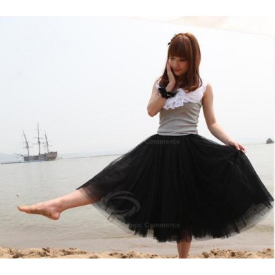Refreshing Elastic Waist Puff Five layers Voile Multicolor Skirts For Women Black