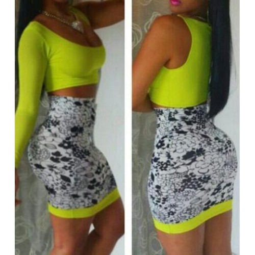 Sexy Scoop Neck One-Sleeve Low Cut Crop Top + Printed Bodycon Skirt ...