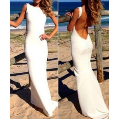 Solid Color Sexy Backless Sleeveless Round Collar Floor-Length Hem ...
