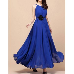 Stylish Women's Jewel Neck Solid Color Chiffon Dress blue
