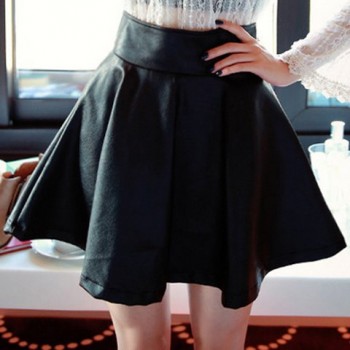 Vintage High-Waisted Zippered Solid Color Faux Leather Skirt For Women red black