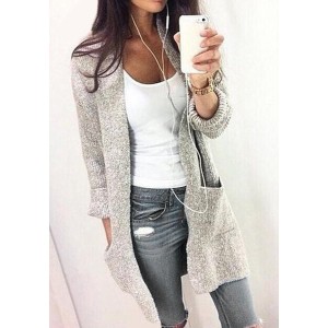 Chic Collarless Long Sleeve Pocket Design Gray Cardigan For Women gray