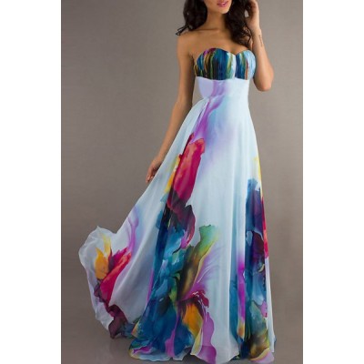 Chic Strapless Sleeveless Floral Print Maxi Dress For Women