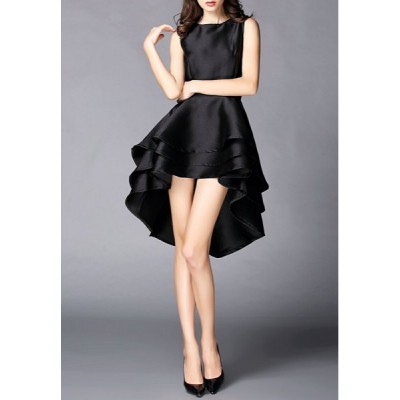 Elegant Black Round Collar High Low Hem Sleeveless Dress For Women black