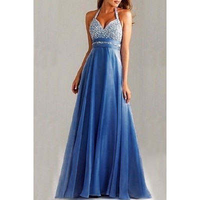 Graceful Sequined Halter Backless High Waist Pleated Prom Dress For ...