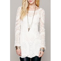 Sexy Scoop Collar Long Sleeve See-Through Solid Color Lace Dress For Women black white