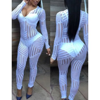 Striped See-Through Sexy Plunging Neck Long Sleeve Jumpsuit For Women