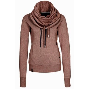 Stylish Cowl Neck Long Sleeve Solid Color Sweatshirt For Women brown