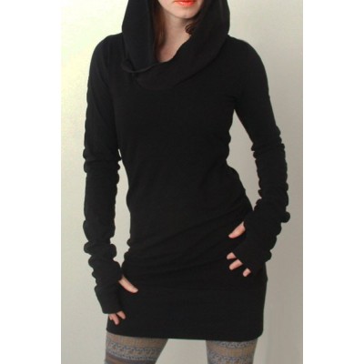 Trendy Hooded Finger Hollow Out Long Sleeve Black Bodycon Dress For Women black