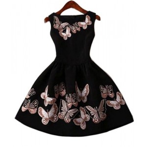 Vintage Round Collar Sleeveless Butterflies Print Ball Gown Dress For Women