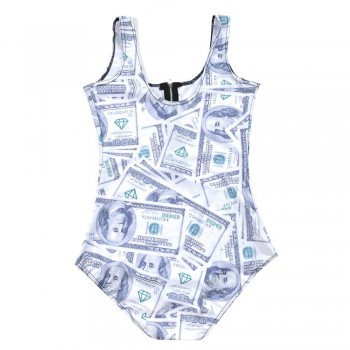 US DOLLAR Cash Printed Swimming Suit For Women American Flag Blue-Red One Piece Swimsuit With Zipper