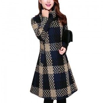 Winter Jacket Women's Plaid Woolen Coat New Korean Stand Collar Slim Plus Size Wool Basic