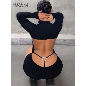 Backless Black Dress Women Long Sleeve Mini Sexy Knitted Bodycon Dresses 
