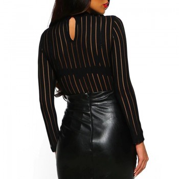 Black Mesh Sprited Print Sexy See-through Skinny Bodysuit Long Sleeve Lady High Neck 