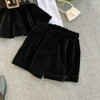 Long Sleeve Patchwork Velvet Size Small Tops With Belt High Waist Shorts Two Piece Set Women 