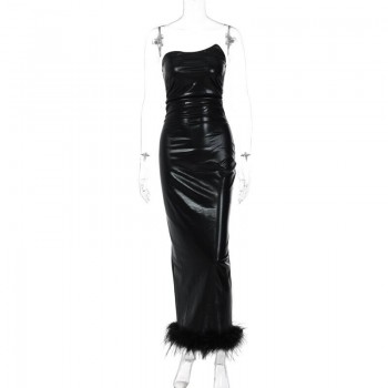 Fuax Leather Strapless Maxi Dresses Women Sexy Ruched Feather Patchwork Slit Skinny Black 