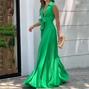  Fashion V Neck Sleeveless Lapel Solid Pleated Lace Up Loose Wide Legs Jumpsuit
