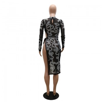 Crystal Embellished Dress Sparkle Womens Long Sleeve Side Slit Rhinestones Black Apricot