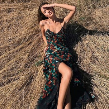 Long Sexy Chiffon Print Dress For Women Spaghetti Strap Beachwear Casual Women Maxi Skinny 