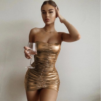 Strapless Bronzing Gold Mini Dress For Women Summer Sexy Backless Ruched Vestidos Sleeve Bodycon