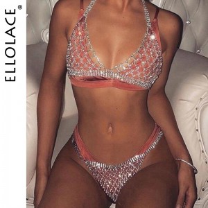 Ellolace Lingerie Luxury Lace Female Underwear Transparent Bra Panty Sets  With Chain Fancy See Through Exotic Sets 4 Pi