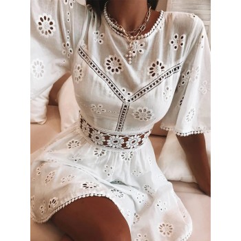 Elegant White Floral Embroidery Cotton Dress Women Casual High Fashion Backless Short Mni Dresses High Waist 