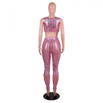 Sexy Fishnet Hollow Out Two Pieces Pant Set Women Sleeveless Crop Top And Long Pant Suits Clubwear 2 Piece Outfits