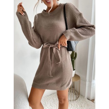 Long Sleeve Round Neck Tunic Knit Mini Sweater Dress Soild Colour Casual Dresses Fashion Loose Pullover Brown