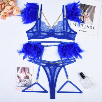 Feathers Lingerie Set Woman 3 Pieces Delicate Underwear Sexy Transparent Lace Bra Set with Chain Luxury