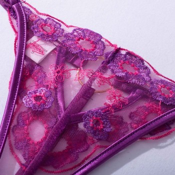 Lingerie Fancy Female Underwear Embroidery 3-Pieces Luxury Lace Bra And Panty Sexy Garters Transparent Purple