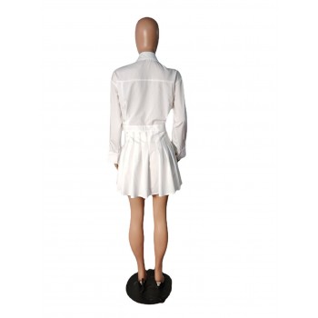 Turn Down Collar Long Sleeve Shirt Dress Pleated Ruched White Mini Dresses