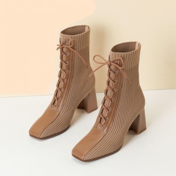 Autumn Winter New Fashion Stitching Knitted Elastic Stockings Boots High-heeled Short Boots Women's Square Toe