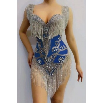 Rhinestones Fringes Mesh Sexy Bodysuit Women Birthday Celebrate Dress Costumes Outfit Prom Birthday Outfit